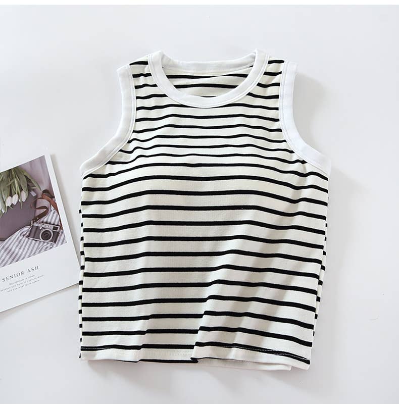 Basic Cotton Stripe Tank Top w/Self Bra