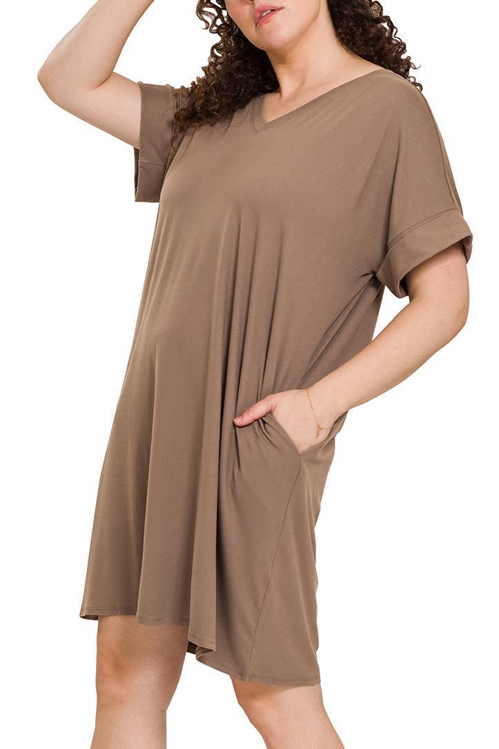 Plus Brushed Rolled SS V-Neck Dress - Mocha