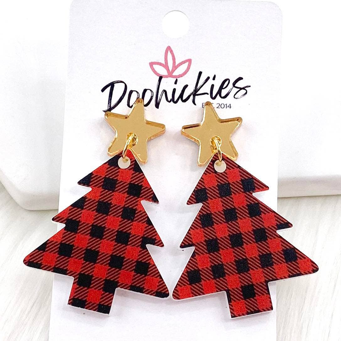 Plaid Tree Acrylic Dangles - Christmas Earrings