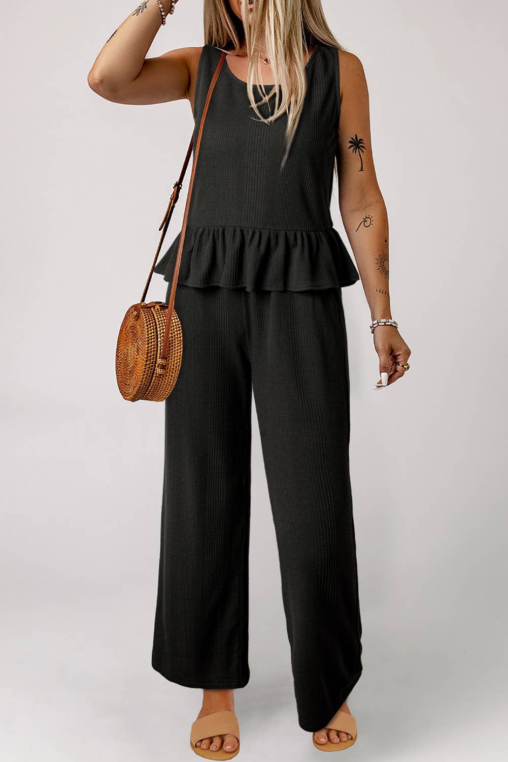 Solid Color Ribbed Ruffle Tank Top and Pants Set