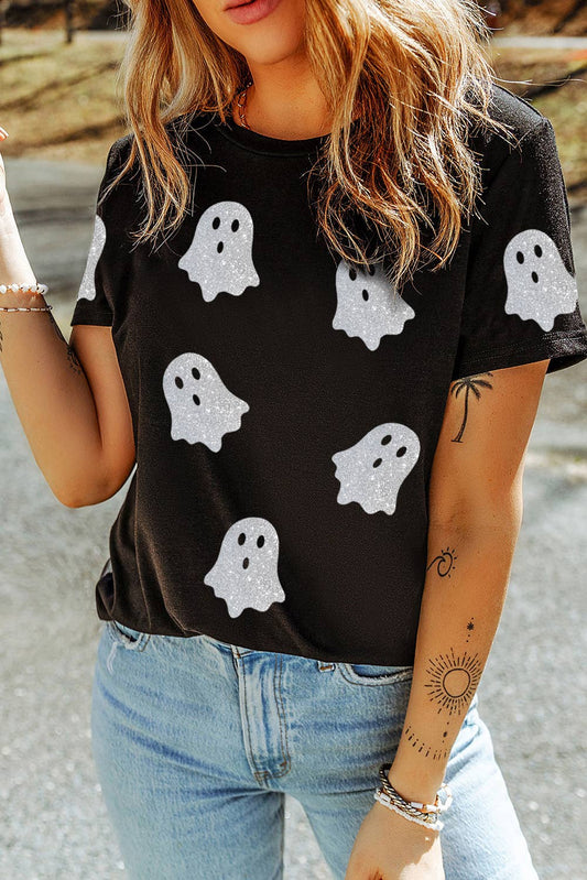 Glitter Ghost Pattern Crew Neck Halloween T Shirt