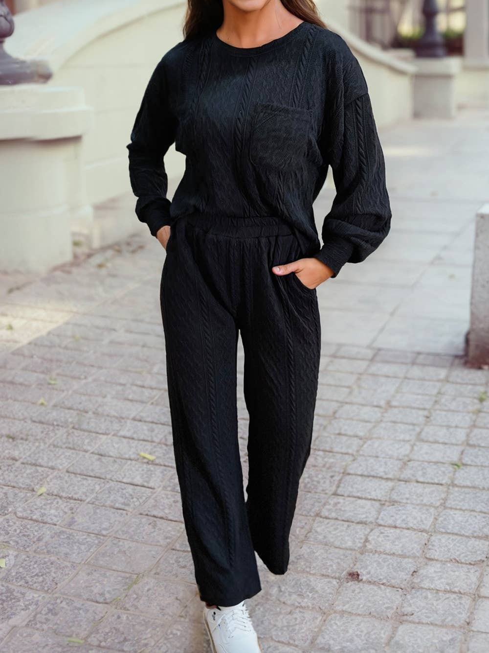 Textured Chest Pocket Long Sleeve Top 2Pcs Pants Set