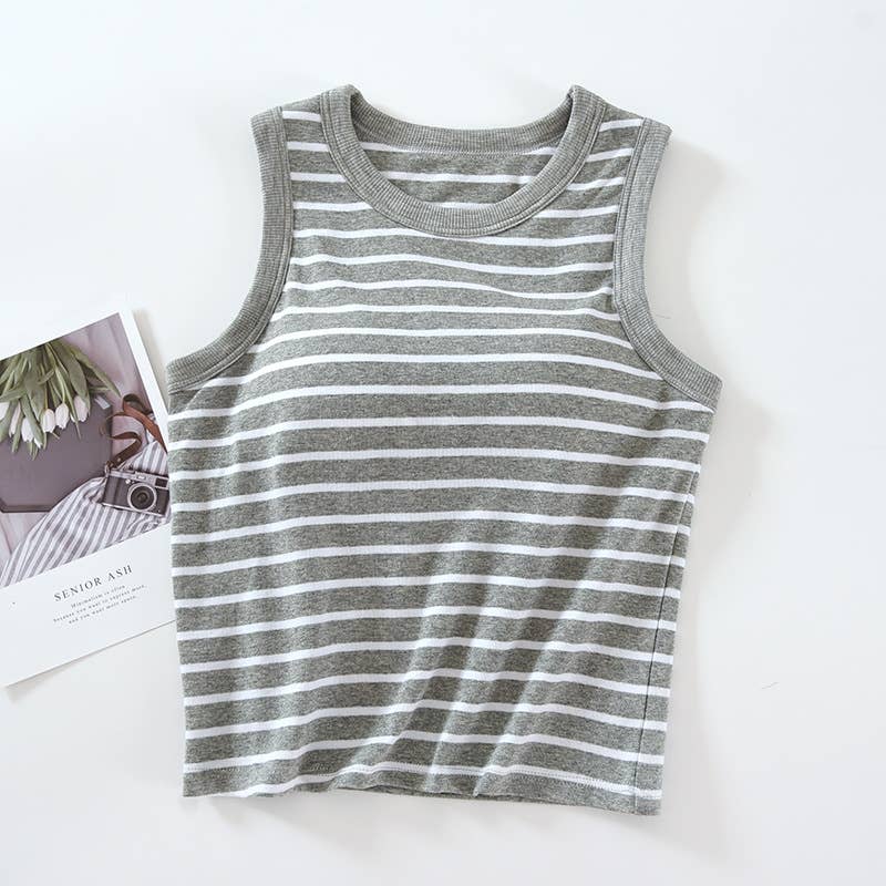 Basic Cotton Stripe Tank Top w/Self Bra