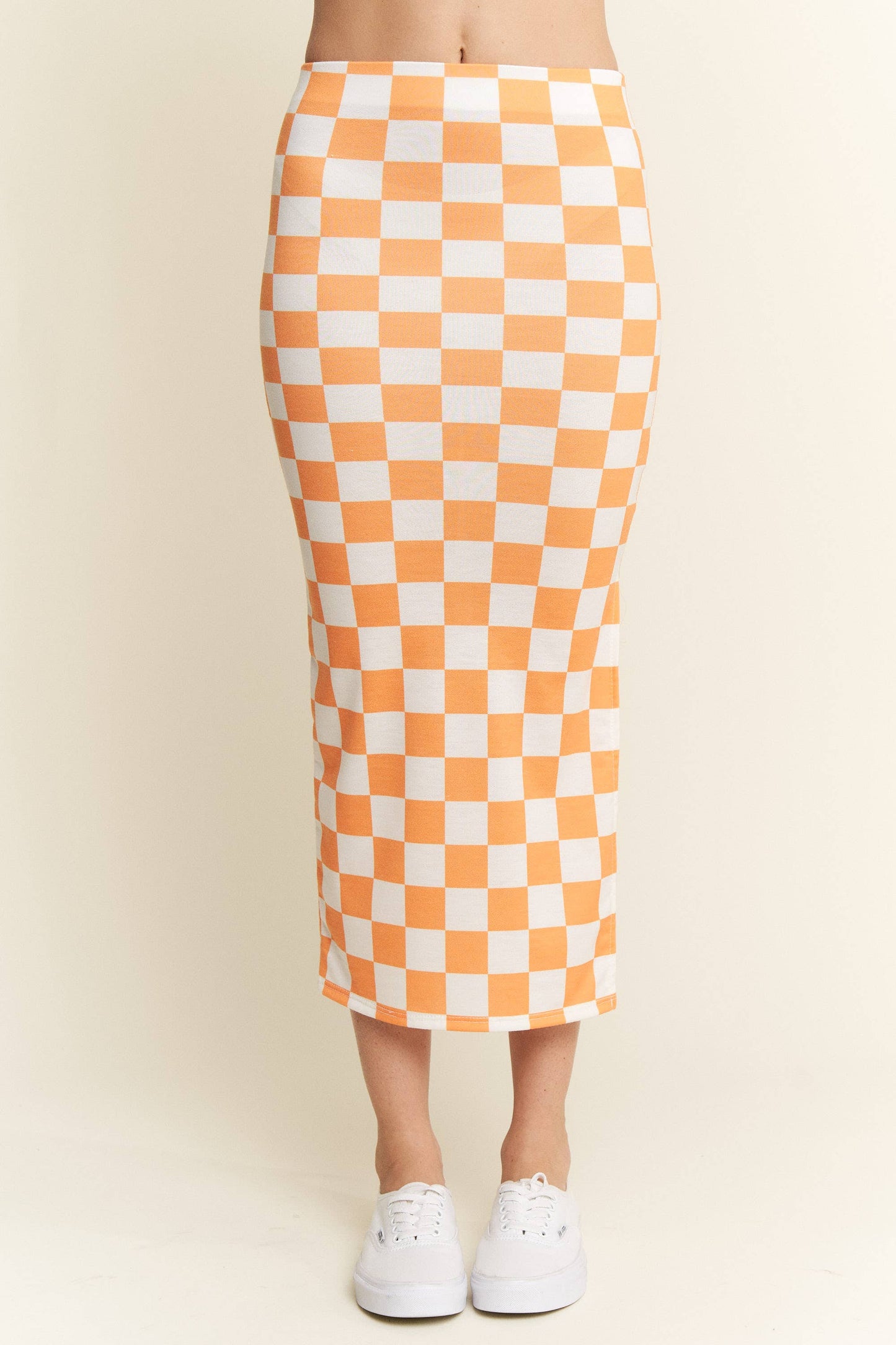 HI-WAIST CHECKERED MIDI PENCIL SKIRT w/ SIDE SLIT