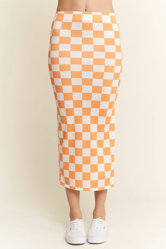 HI-WAIST CHECKERED MIDI PENCIL SKIRT w/ SIDE SLIT