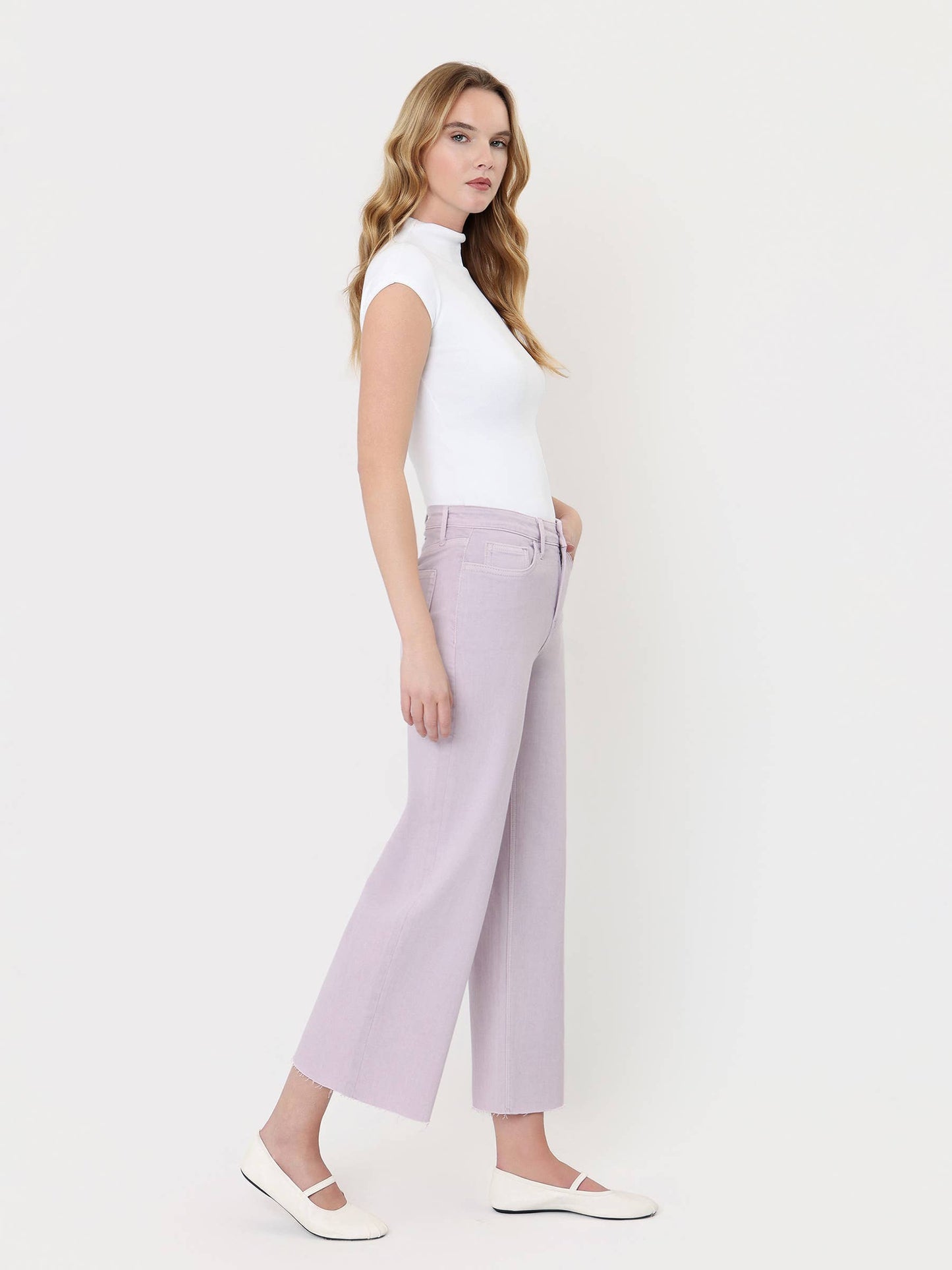 HIGH RISE LAVENDER COLOR CROP WIDE LEG JEANS