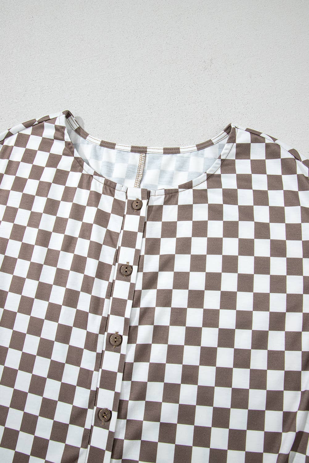 Checkered Print Buttoned Crewneck Wide Leg Jumpsuit