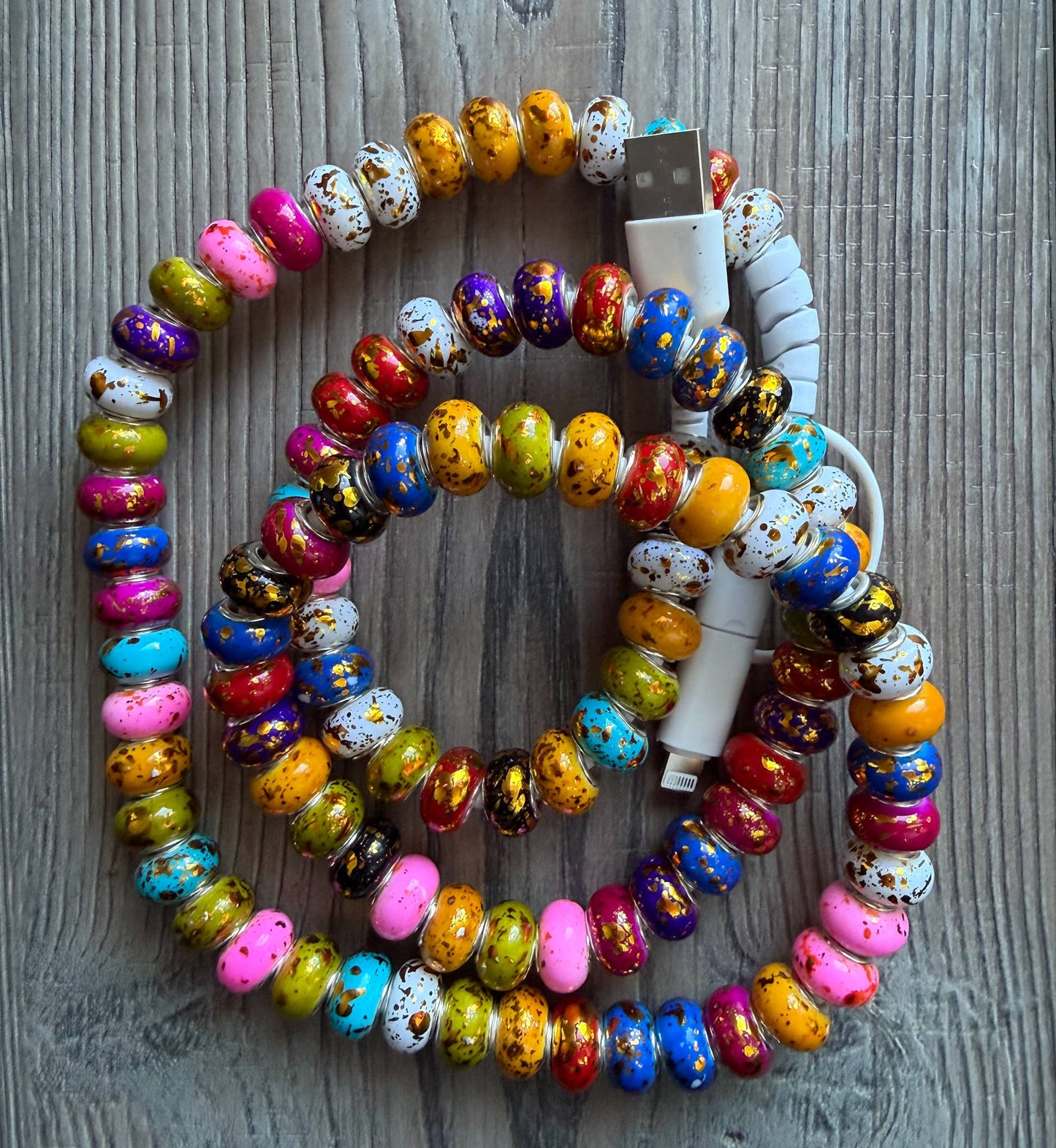 Gold Rainbow Beaded Phone Charger w/Lightning & USB-C
