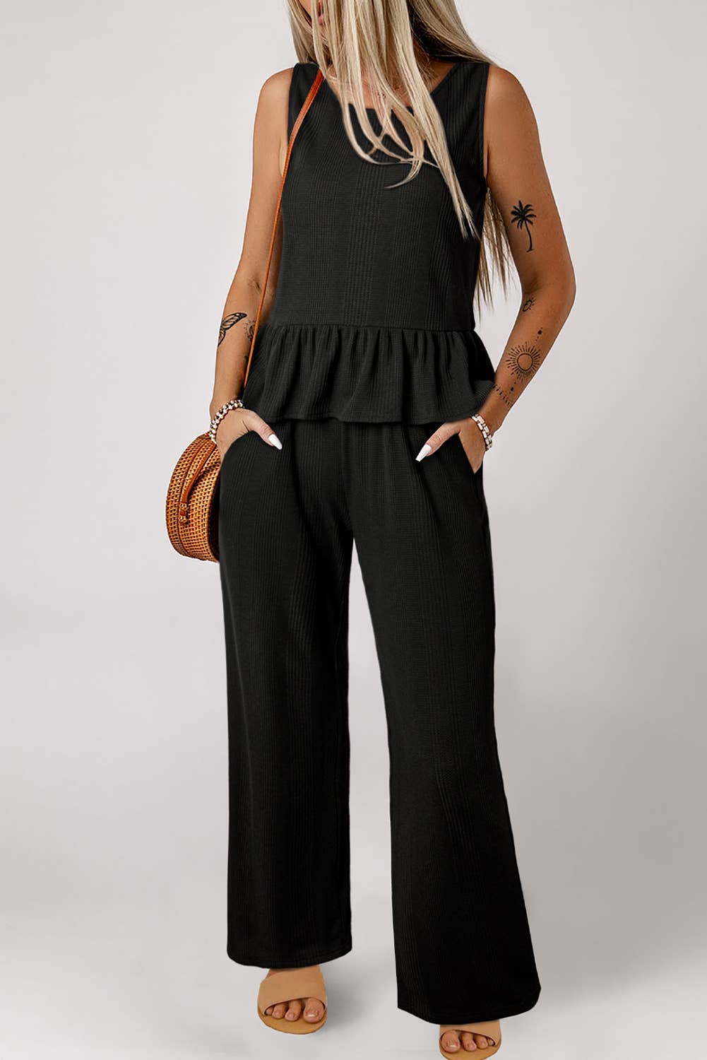 Solid Color Ribbed Ruffle Tank Top and Pants Set