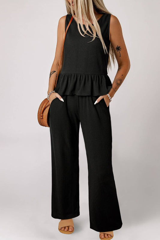 Solid Color Ribbed Ruffle Tank Top and Pants Set