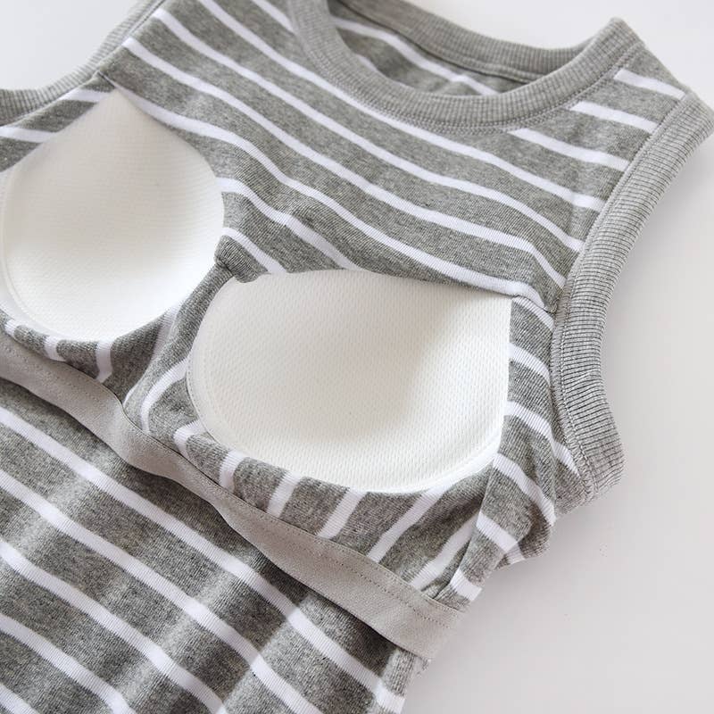 Basic Cotton Stripe Tank Top w/Self Bra