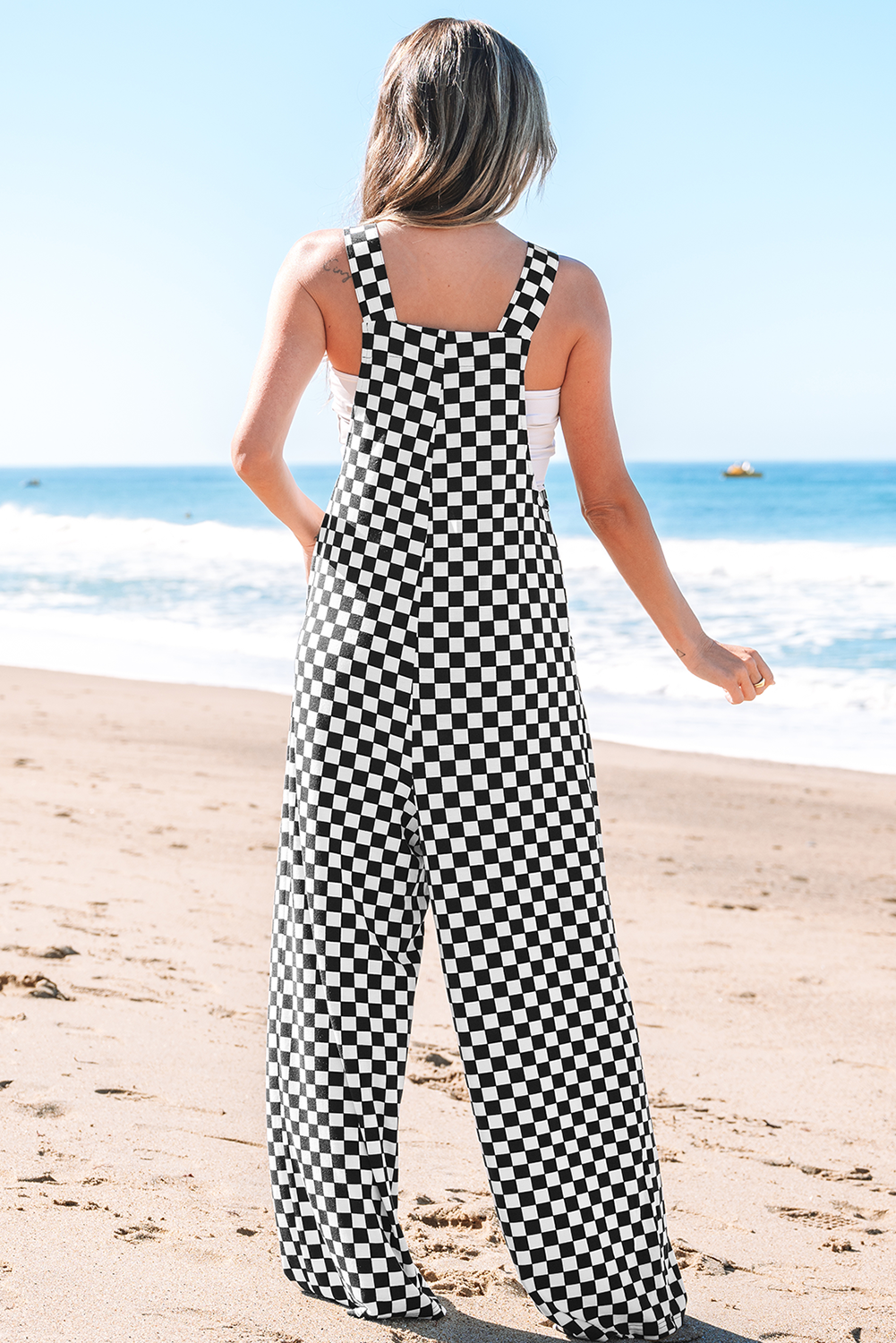 Checkered Print Pocketed Wide Leg Jumpsuit