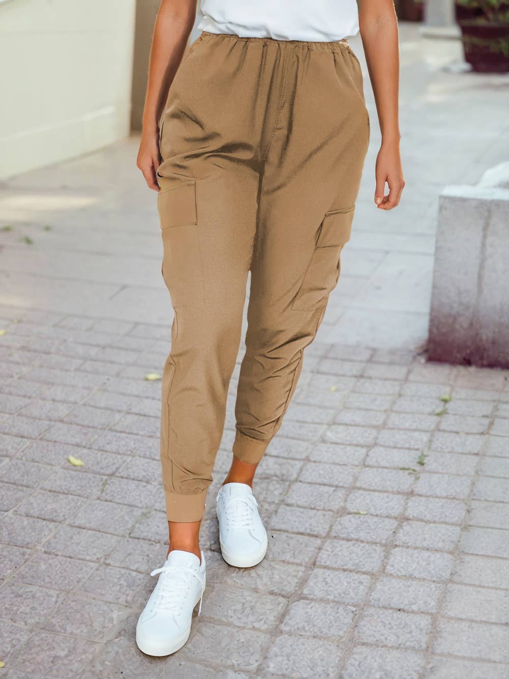 Elastic High Waist Pocketed Cargo Jogger Pants