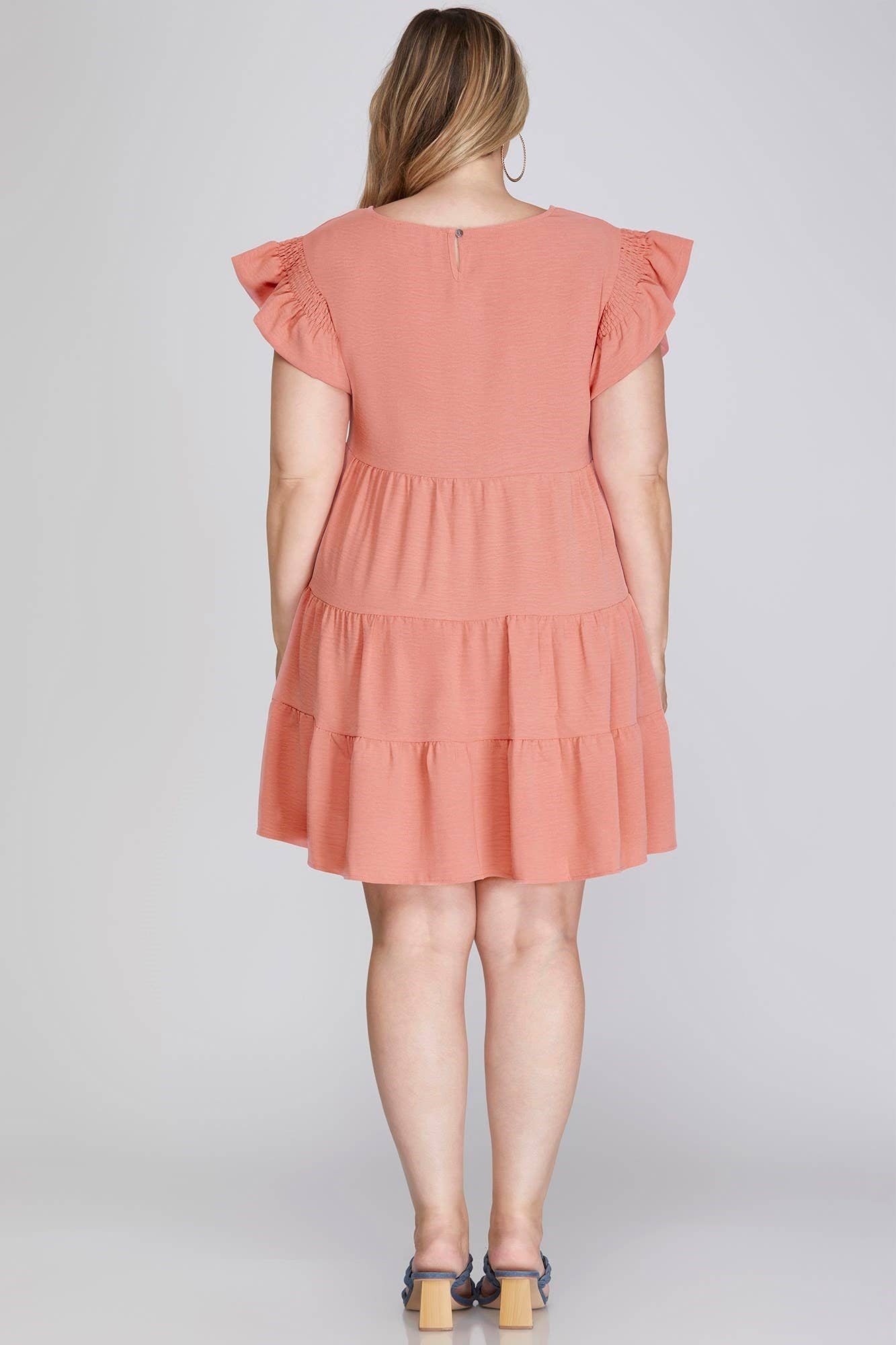 Plus Ruffled Smocked Sleeve Tiered Woven Dress - Peach Rose