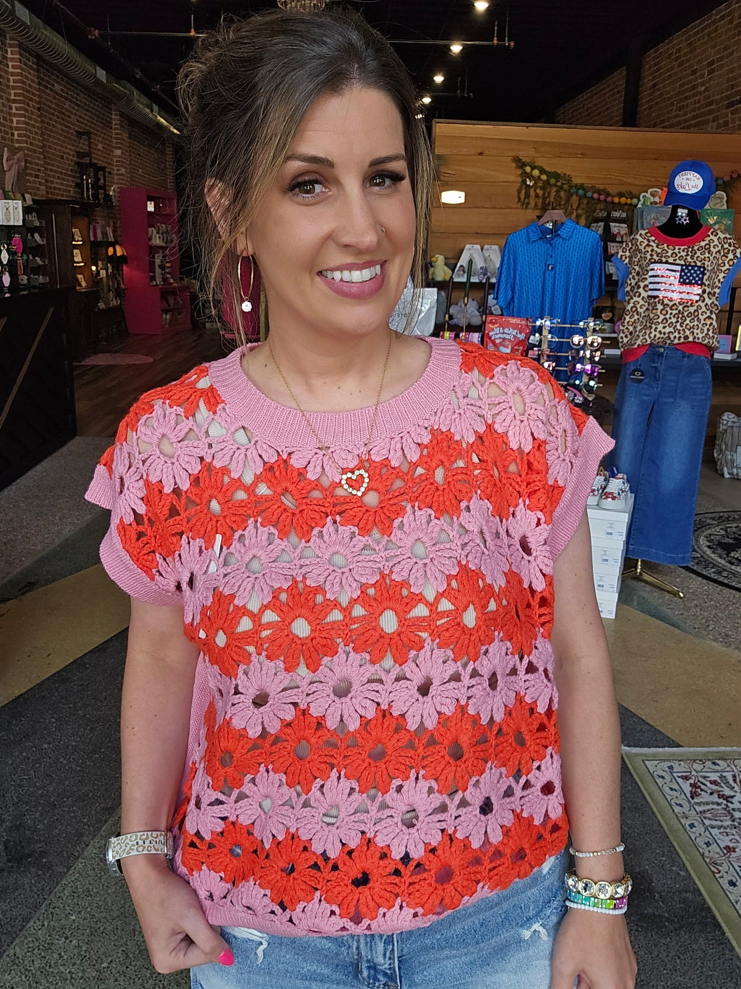 Floral Crochet Knit Drop Shoulder Top