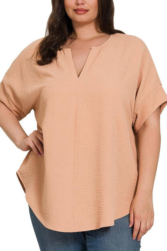 Woven Airflow Split Neck Short Sleeve Top