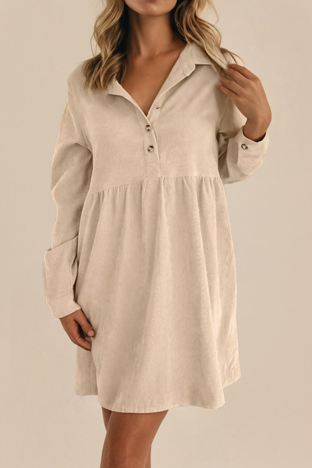 Corduroy Half Button LS Mini Fall Dress