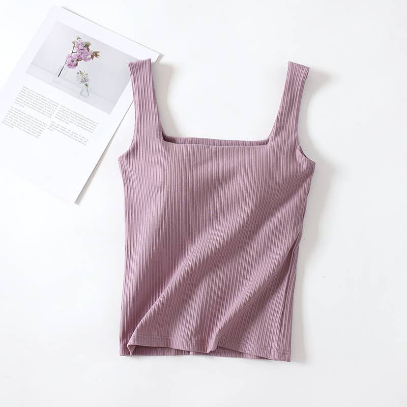 Basic Square Neck Tank Top w/Self Bra