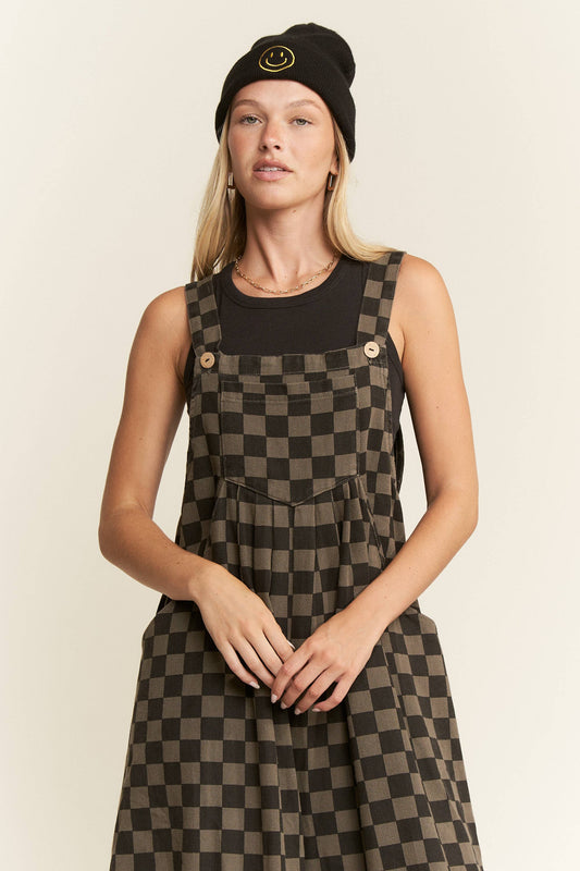 PLUS SIZE CHECKERED WIDE LEG OVERALLS