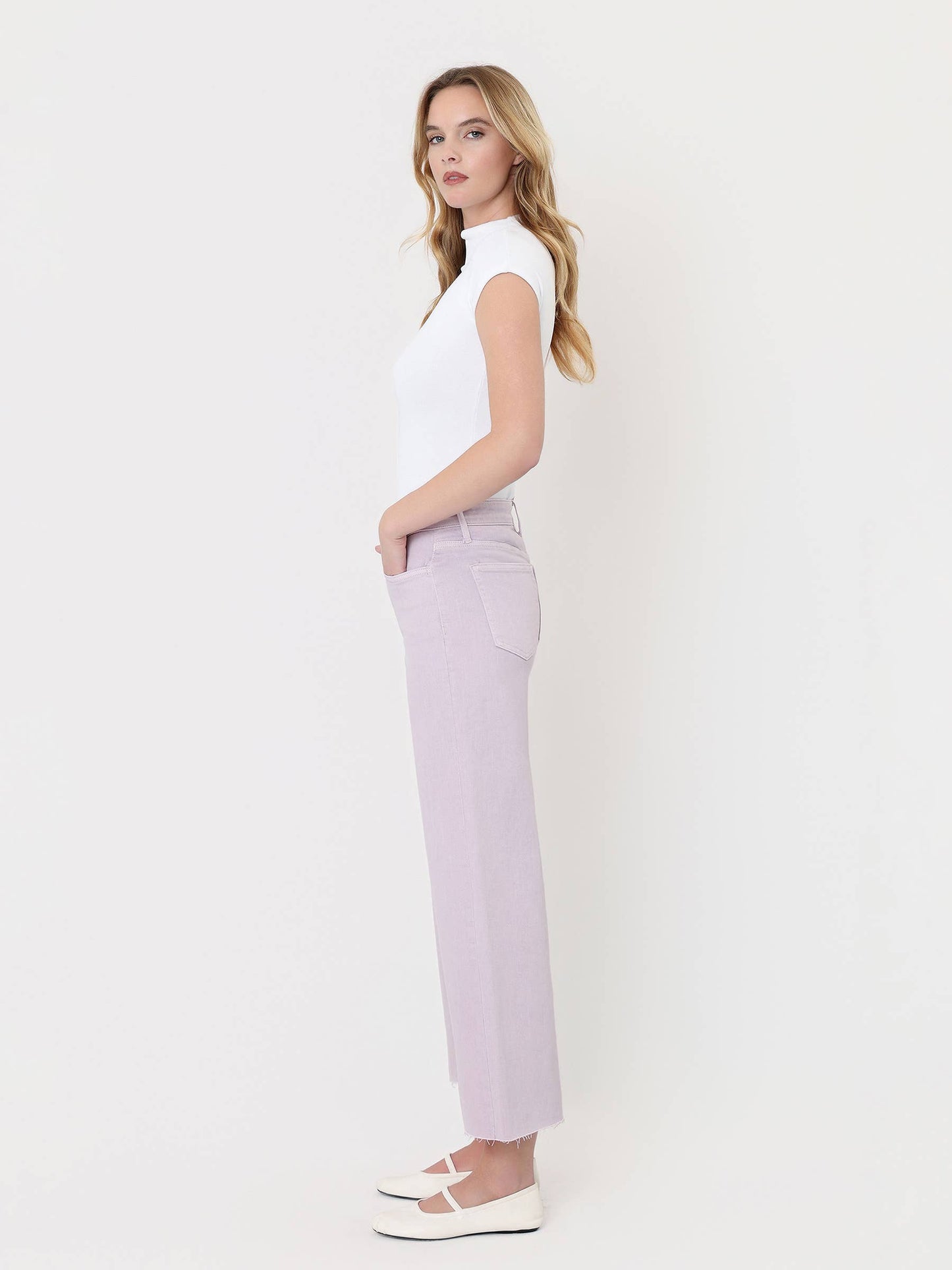 HIGH RISE LAVENDER COLOR CROP WIDE LEG JEANS