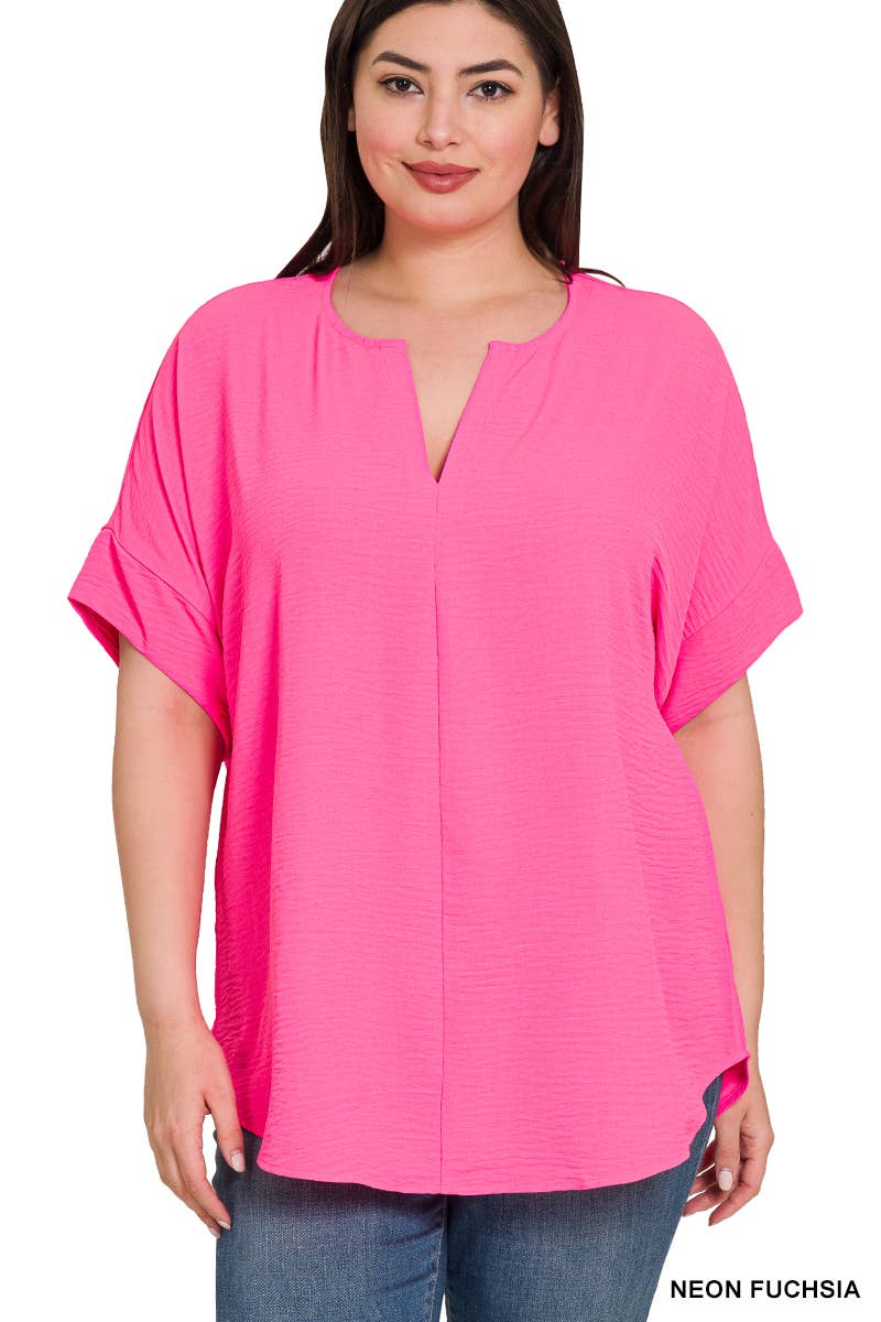 Woven Airflow Split Neck Short Sleeve Top