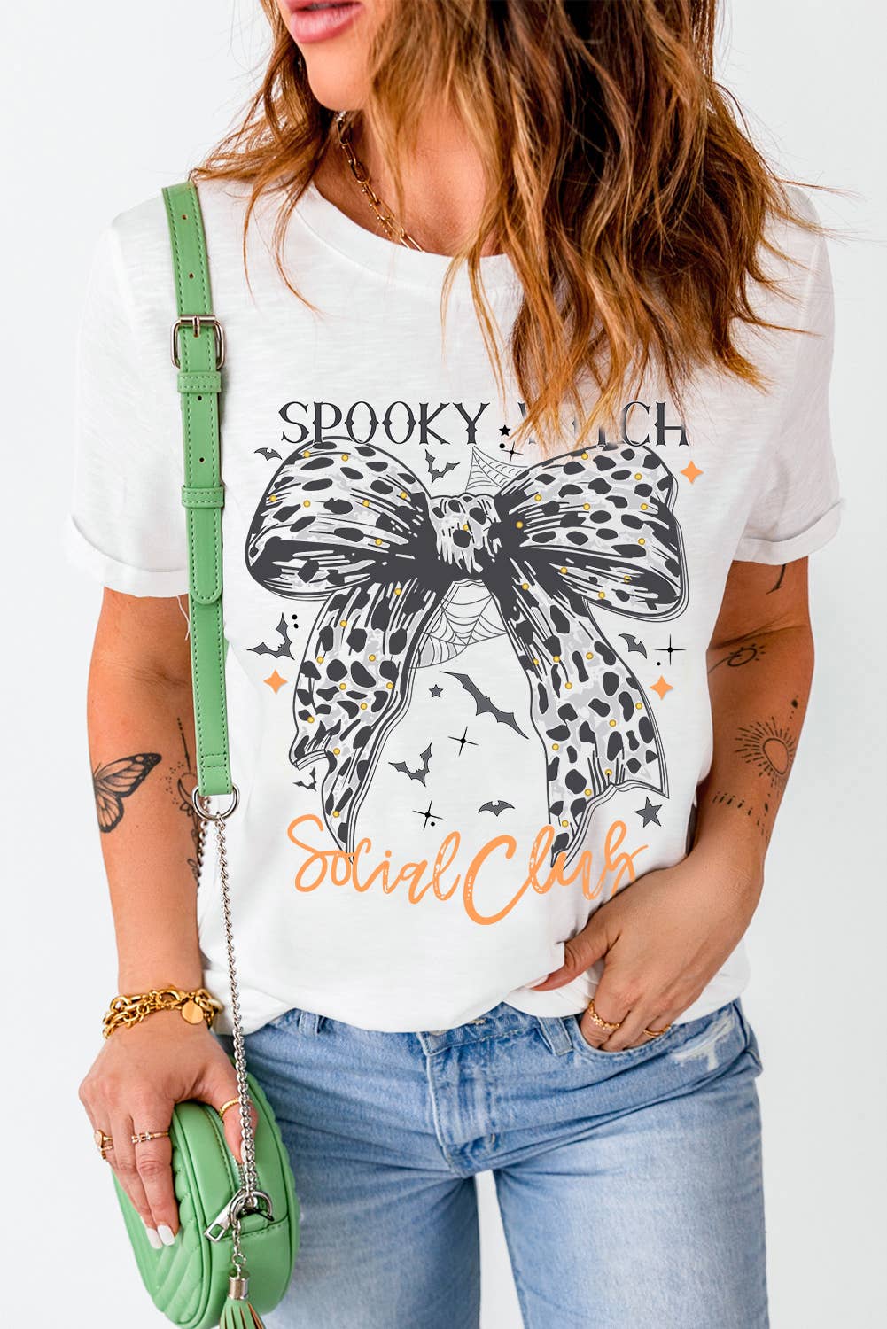 SPOOKY WITCH Leopard Bowknot Bat Graphic Halloween T Shirt