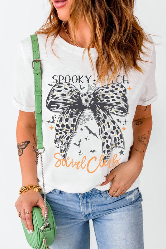 SPOOKY WITCH Leopard Bowknot Bat Graphic Halloween T Shirt