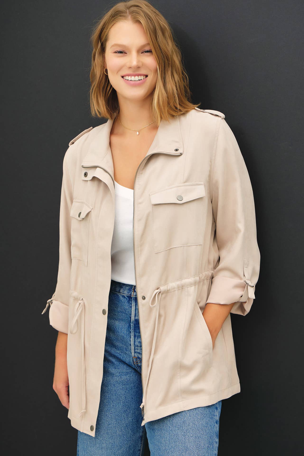 PLUS SIZE CINCHED WAIST CARGO UTILITY JACKET