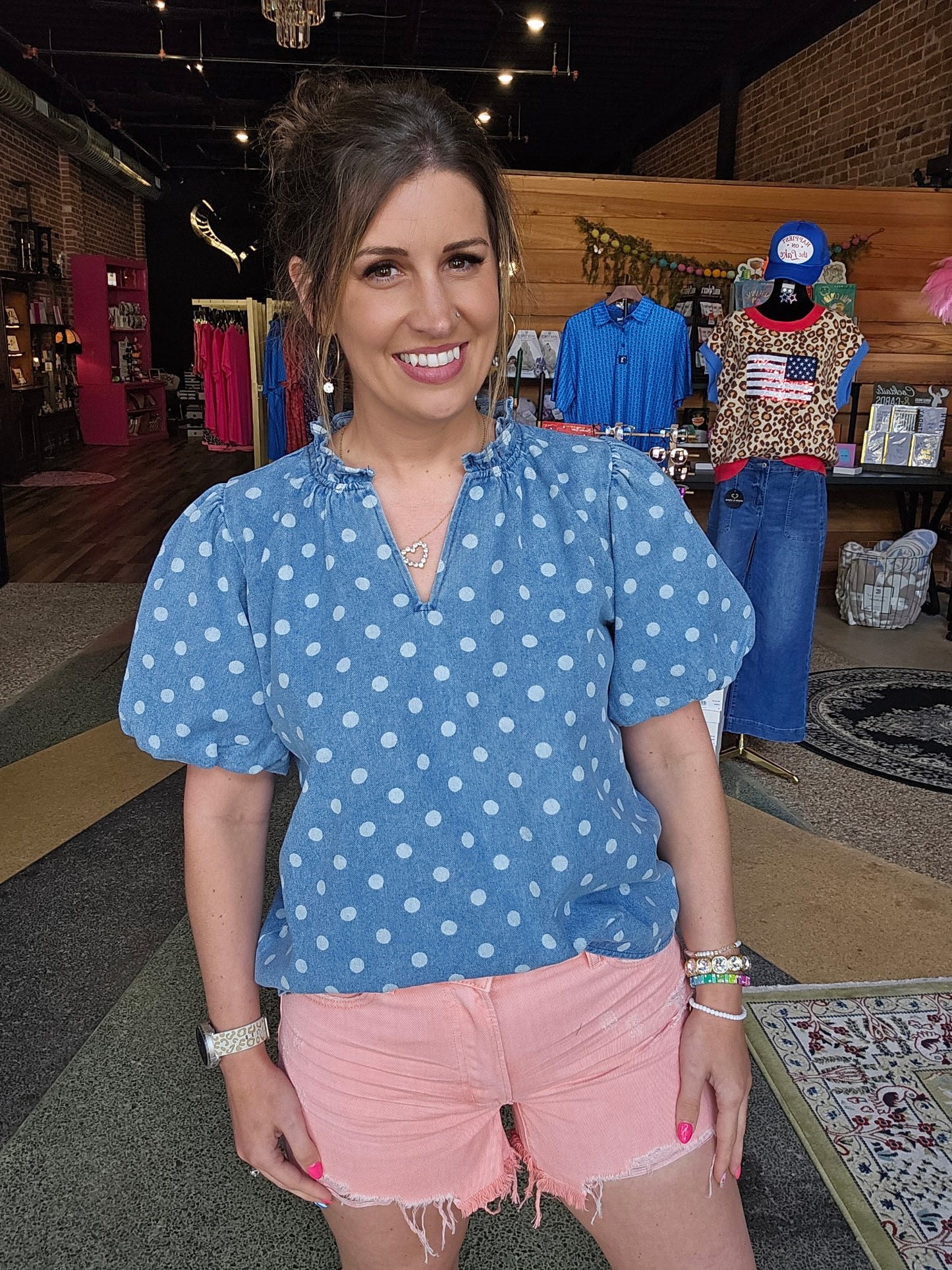 Polka Dot Denim V-Neck Top