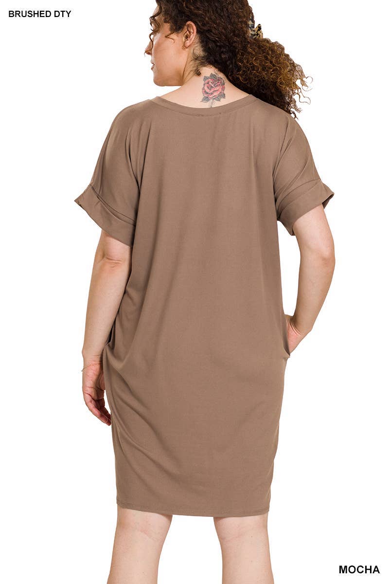 Plus Brushed Rolled SS V-Neck Dress - Mocha