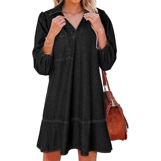 Denim Babydoll Dress – V-Neck Puff Sleeve Casual