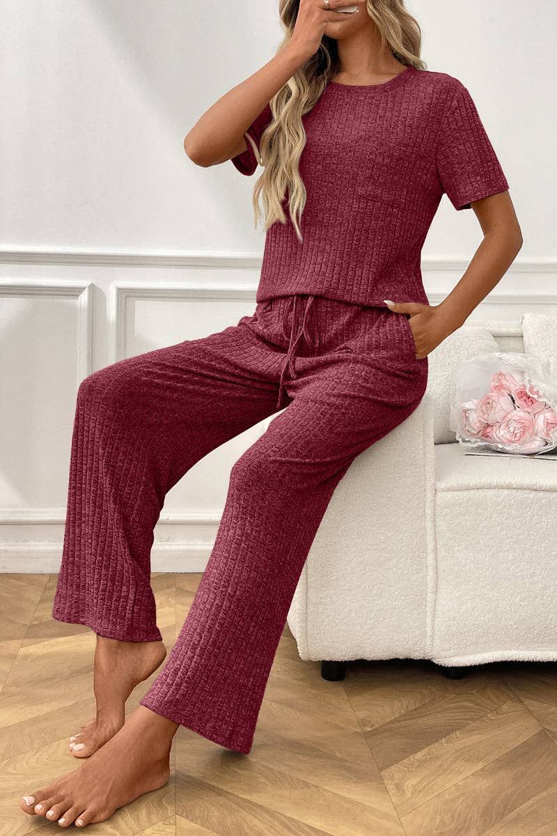 Short Sleeve Ribbed Knit Lounge Set with Drawstring Pants