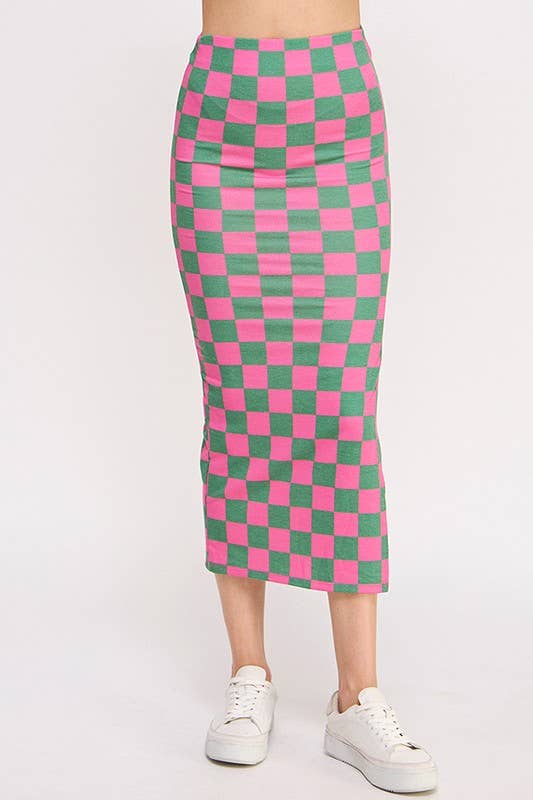 HI-WAIST CHECKERED MIDI PENCIL SKIRT w/ SIDE SLIT