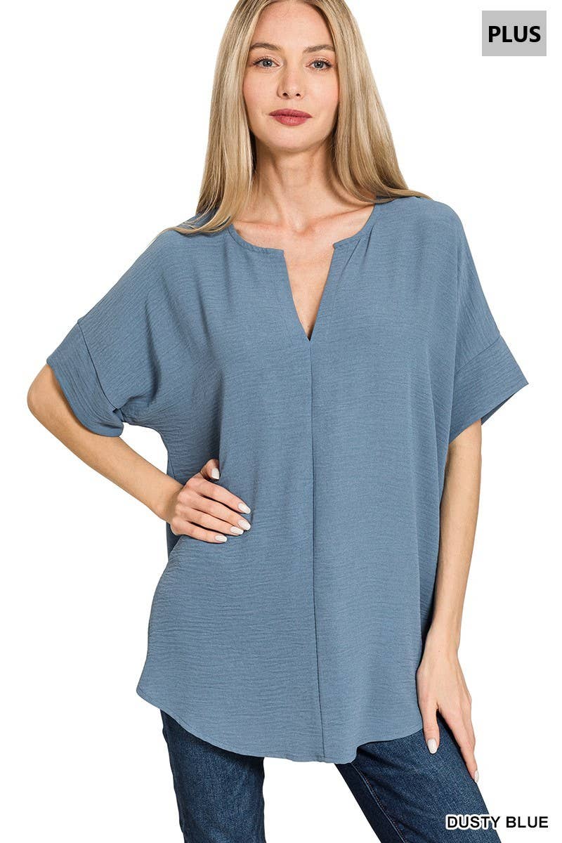 Woven Airflow Split Neck Short Sleeve Top