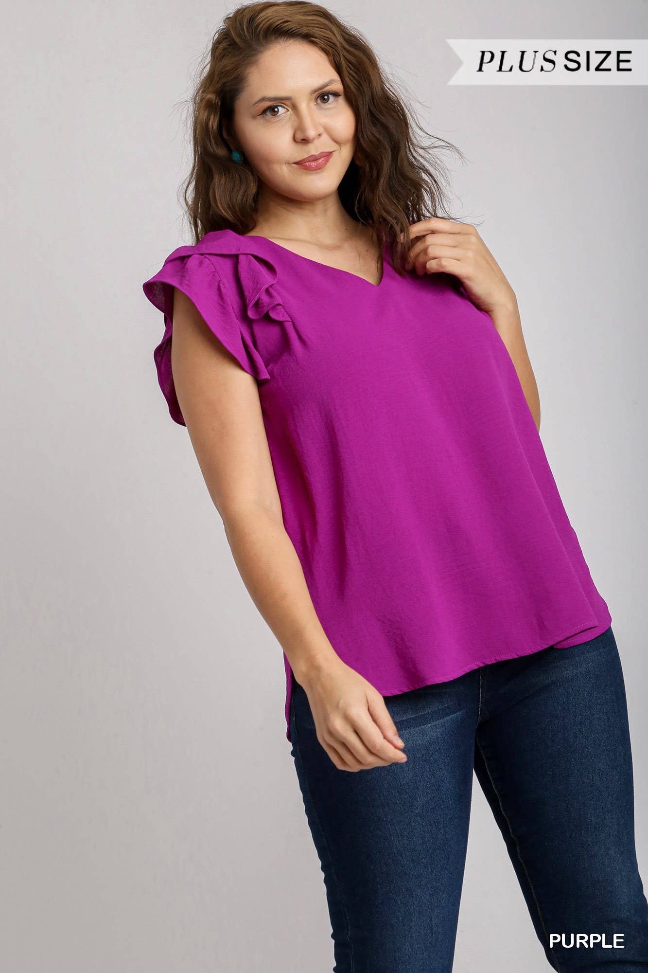 Plus V-Neck Double Layered Flutter Sleeve Blouse - Purple