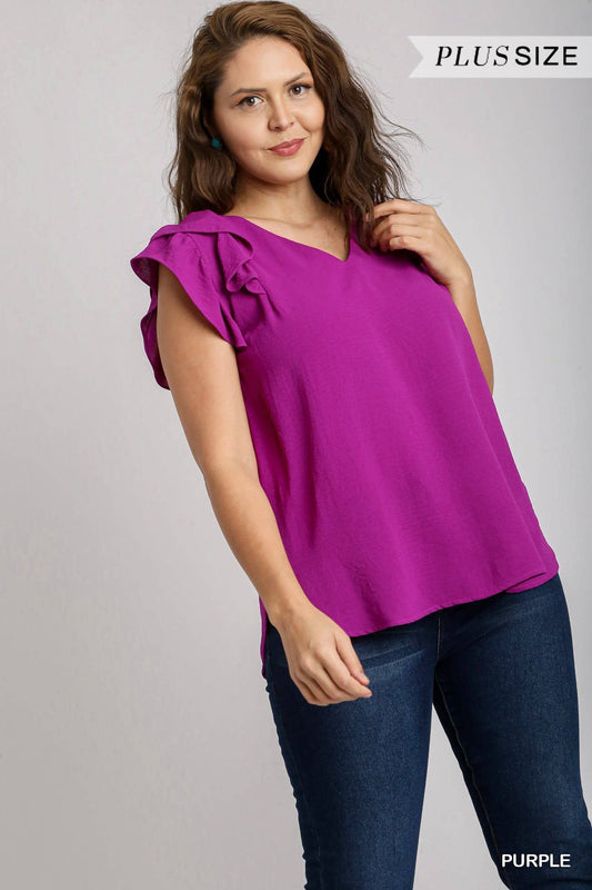 Plus V-Neck Double Layered Flutter Sleeve Blouse - Purple