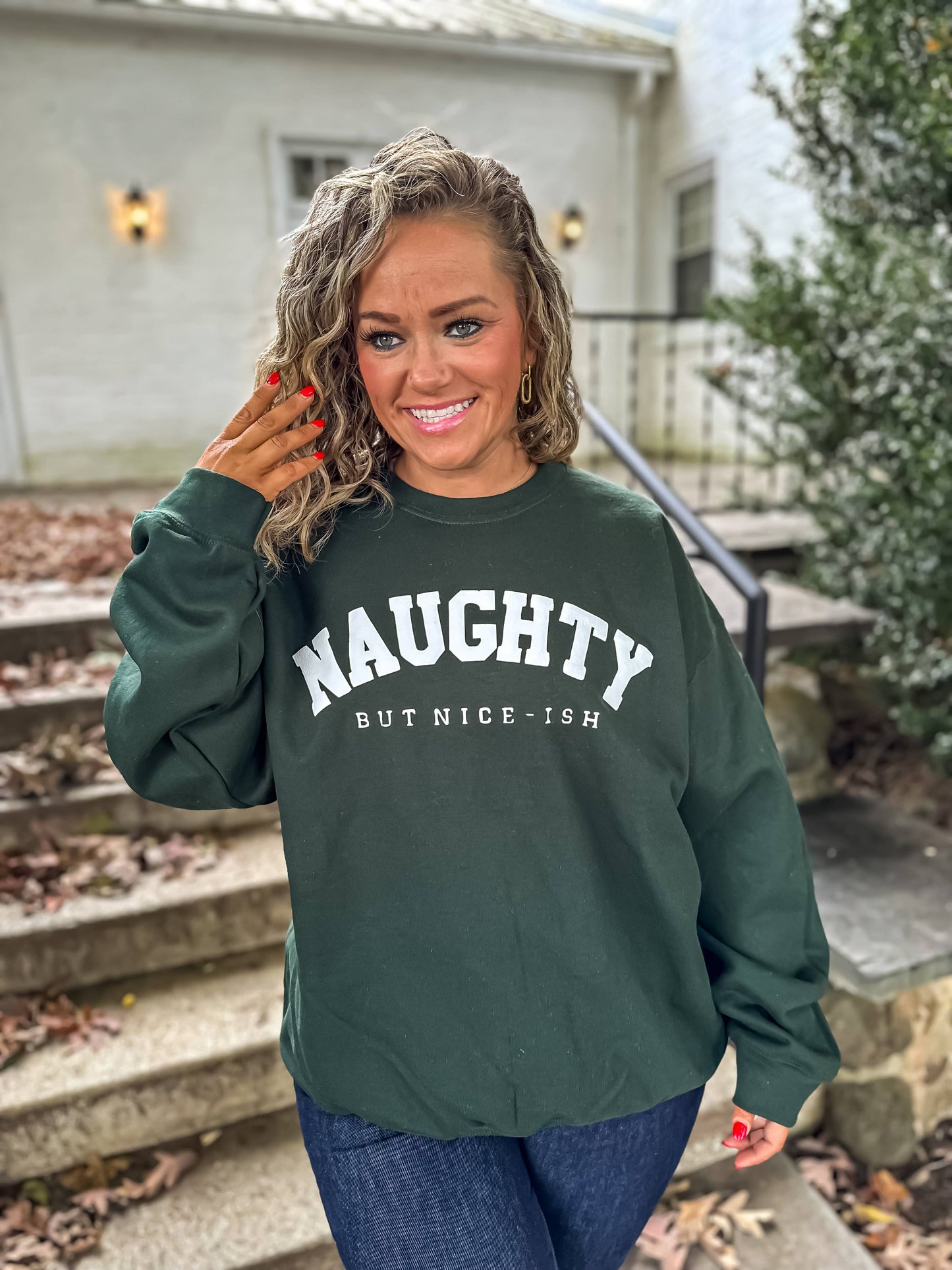 Naughty but Nice-Ish Graphic Crewneck on Forest Green