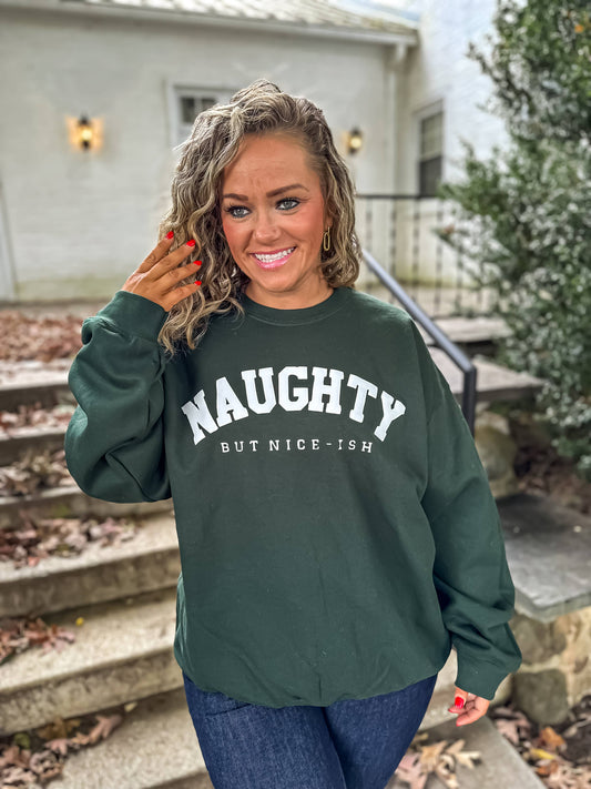 Naughty but Nice-Ish Graphic Crewneck on Forest Green