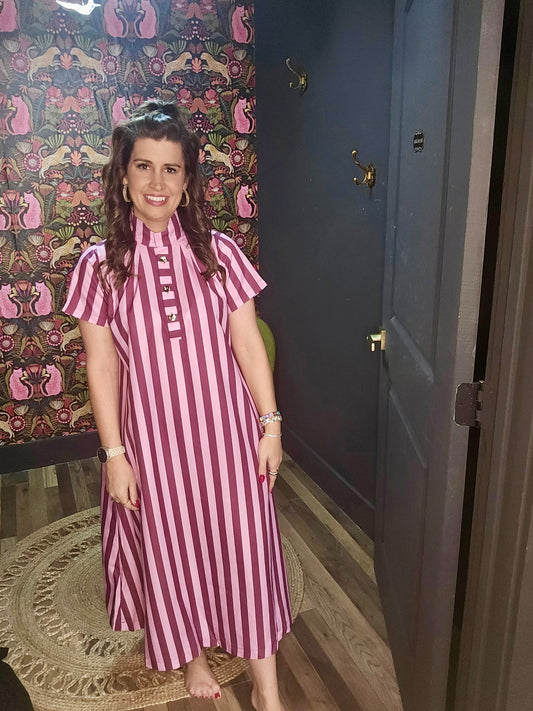 Stand High Neck Stripe Midi Dress - Plum
