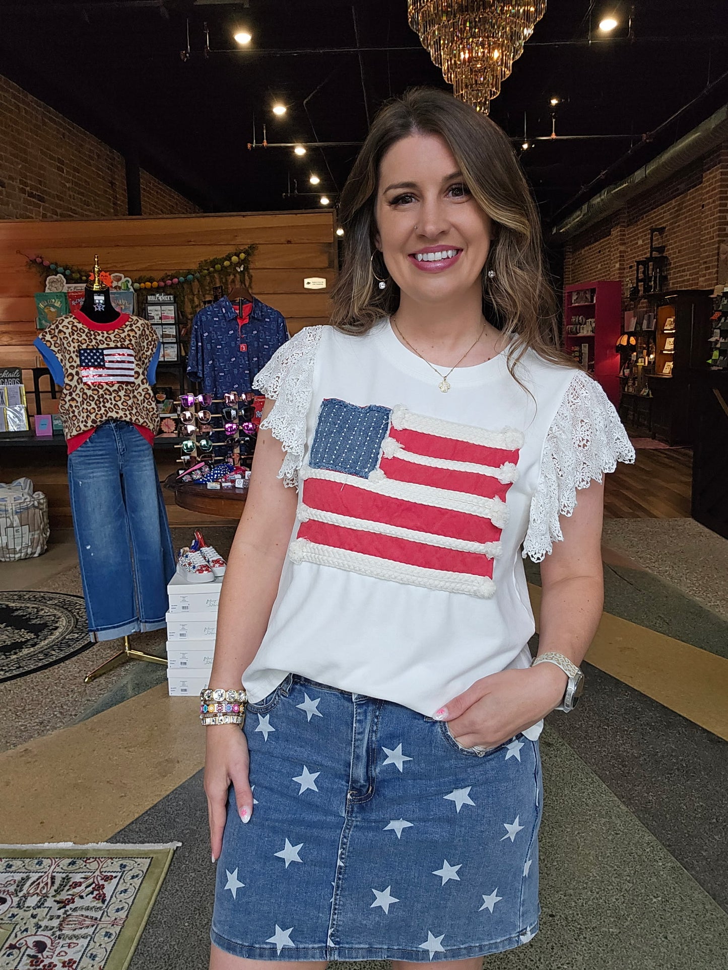 USA Flag Tee w/Lace Ruffled Sleeves
