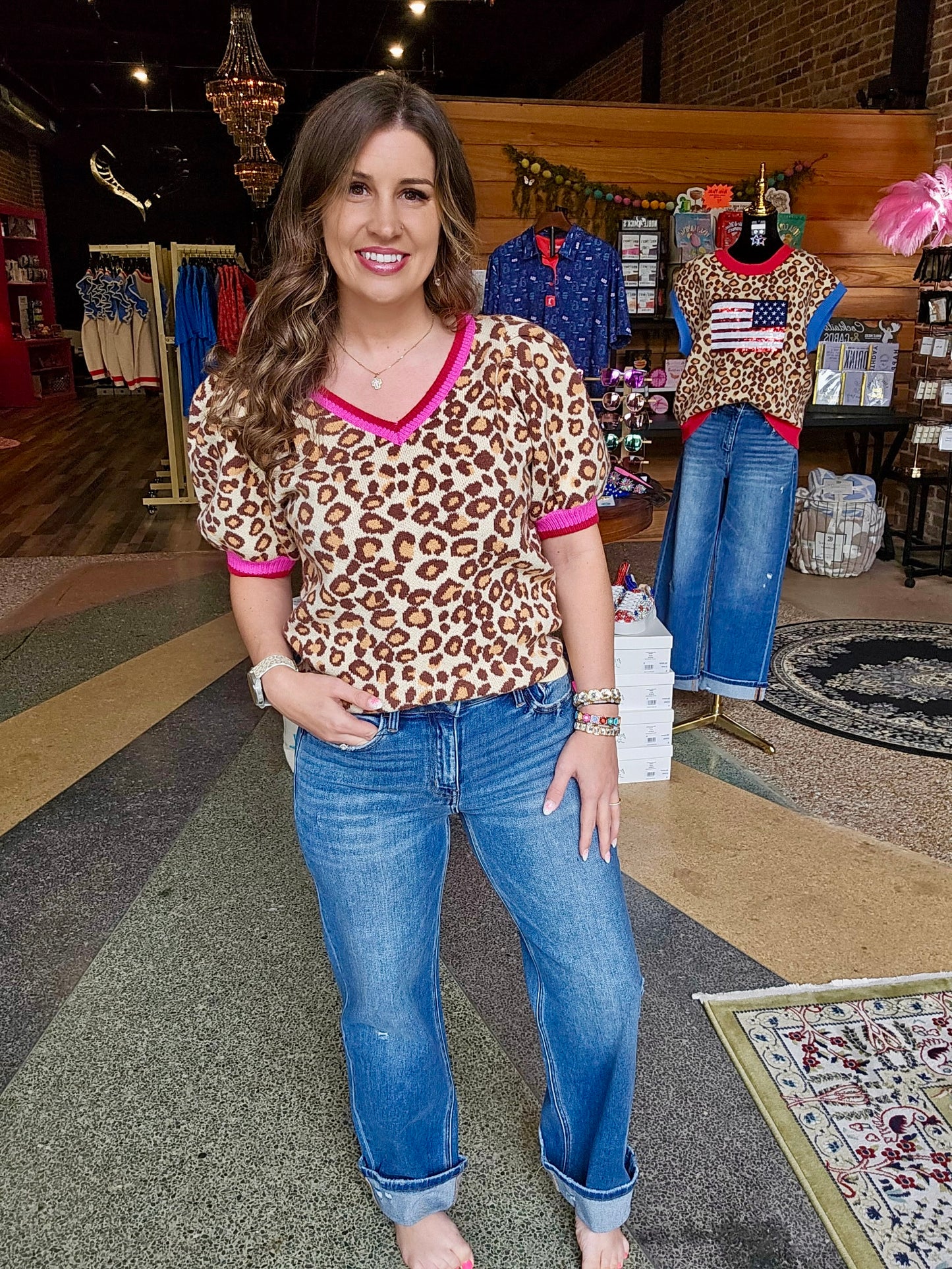 Leopard Puff Sleeve V-Neck Sweater Top