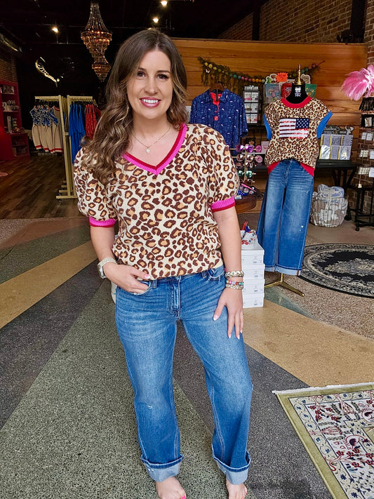 Leopard Puff Sleeve V-Neck Sweater Top