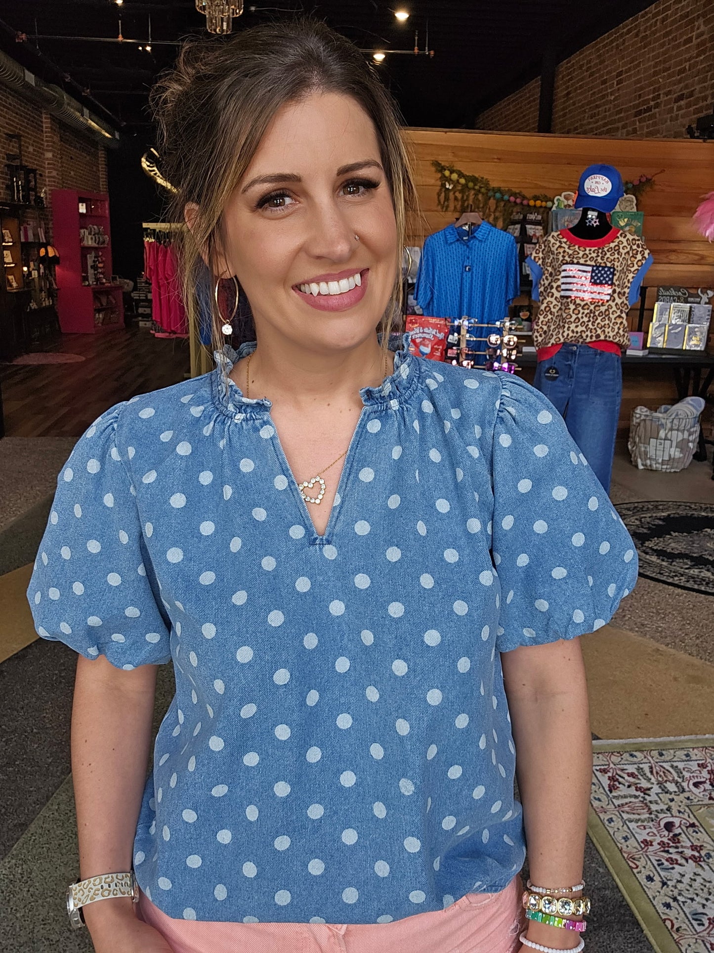 Polka Dot Denim V-Neck Top