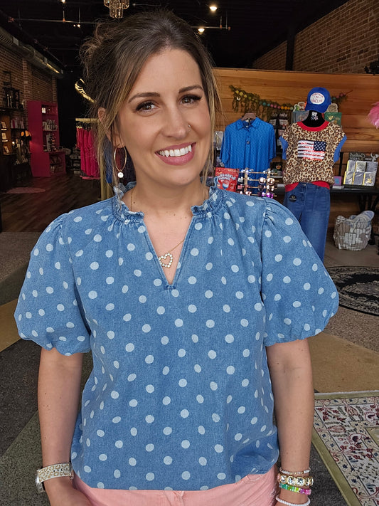 Polka Dot Denim V-Neck Top