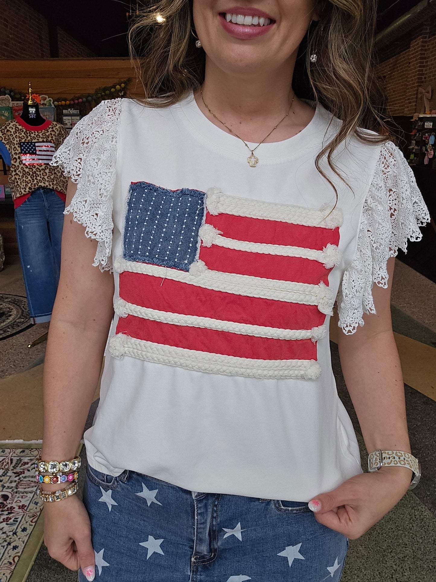 USA Flag Tee w/Lace Ruffled Sleeves