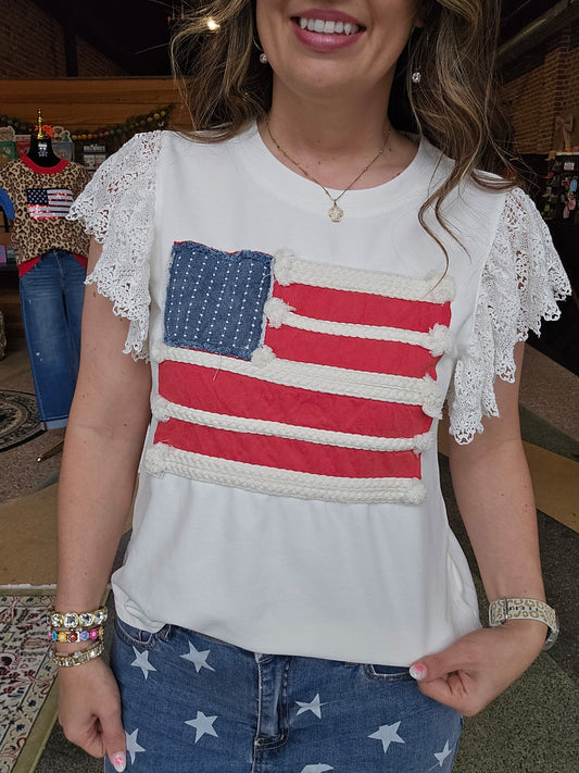 USA Flag Tee w/Lace Ruffled Sleeves