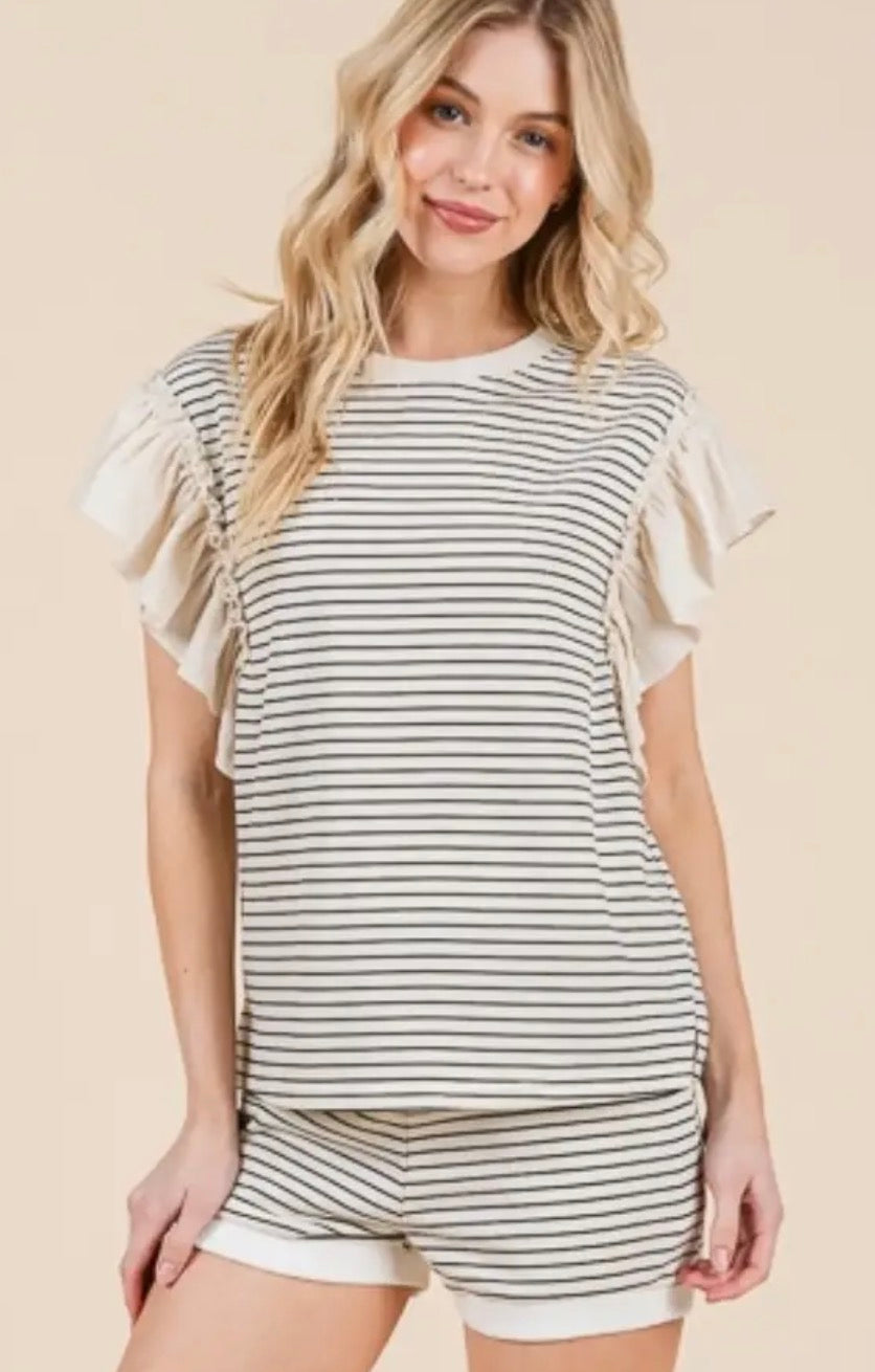 Striped Ruffle Sleeve Shorts Set
