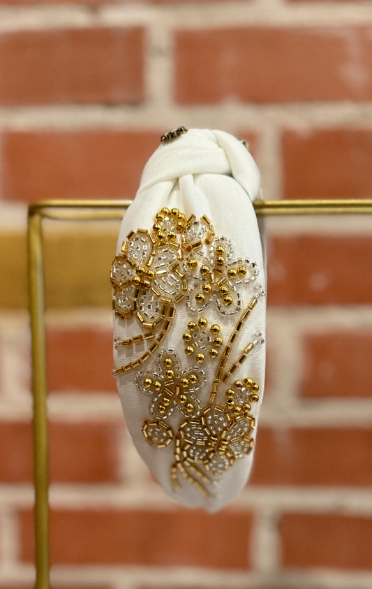 White Headband with Silver & Gold beads