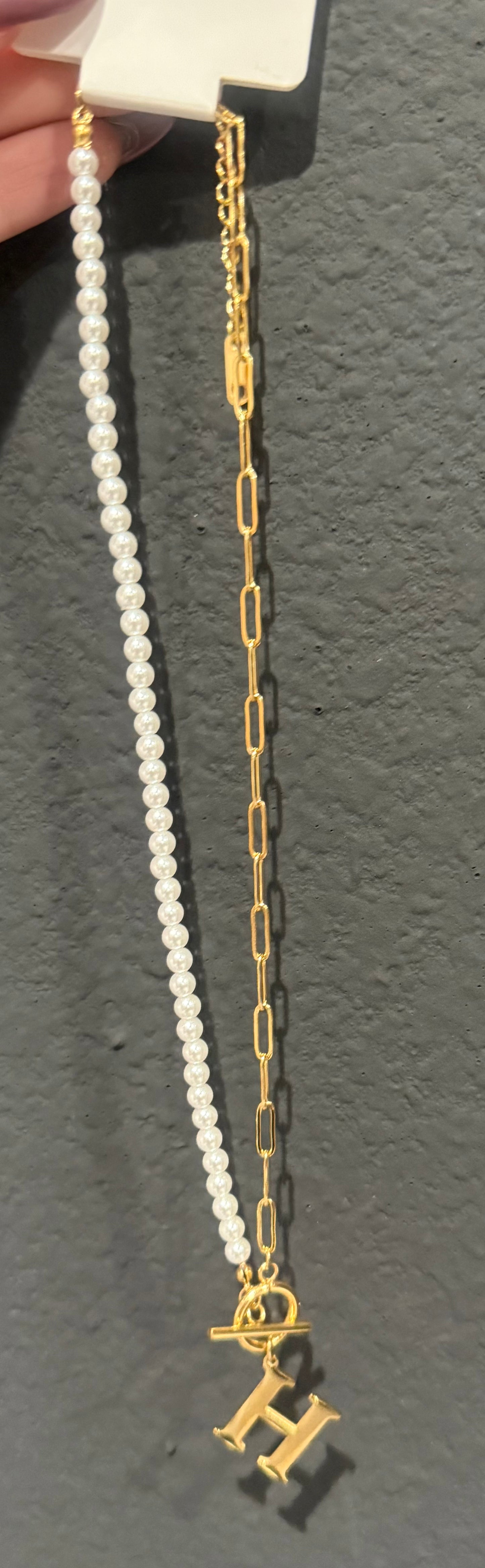 Gold Pearl and Link Chain Initial Necklace