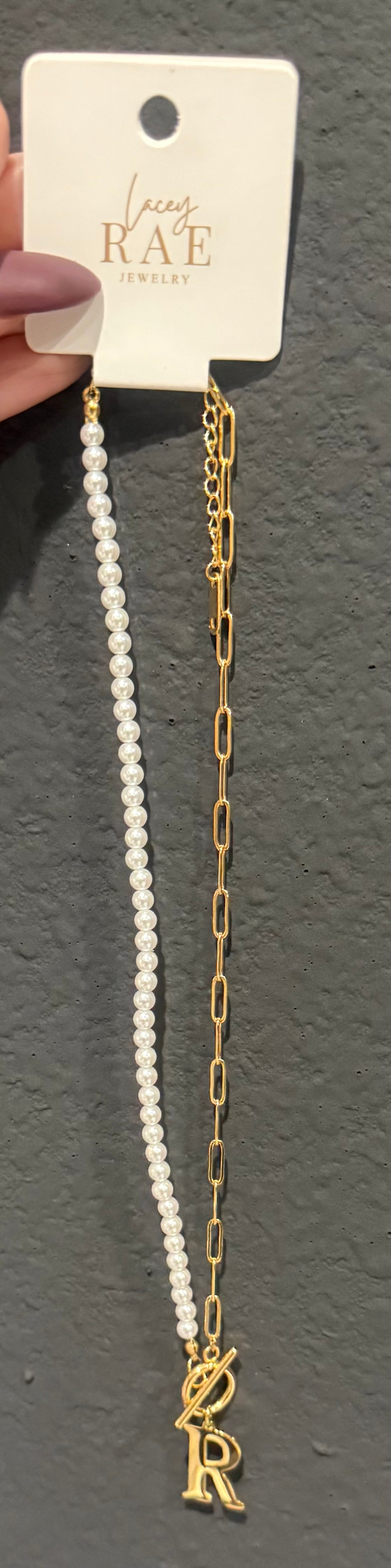 Gold Pearl and Link Chain Initial Necklace